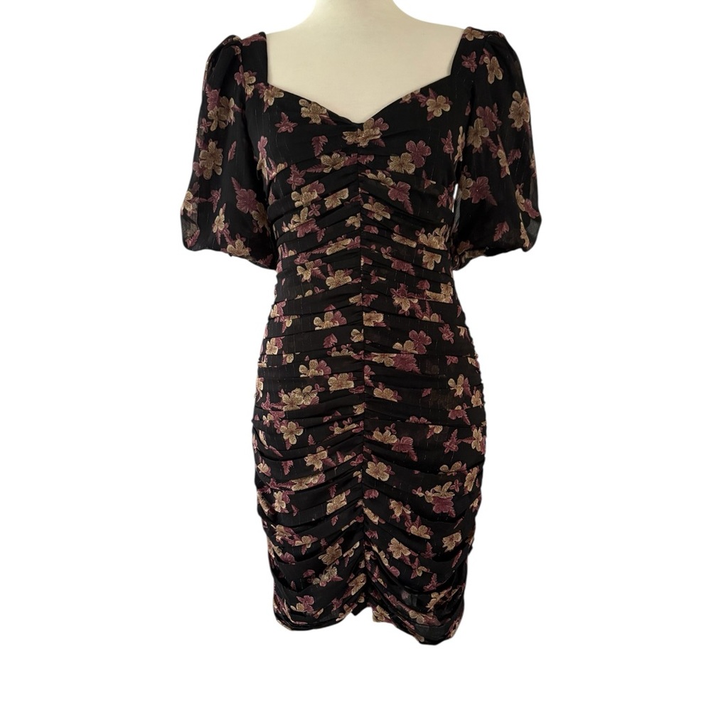 Black and purple floral Bodycon Dress with Puff Sleeves and Sweetheart Neckline